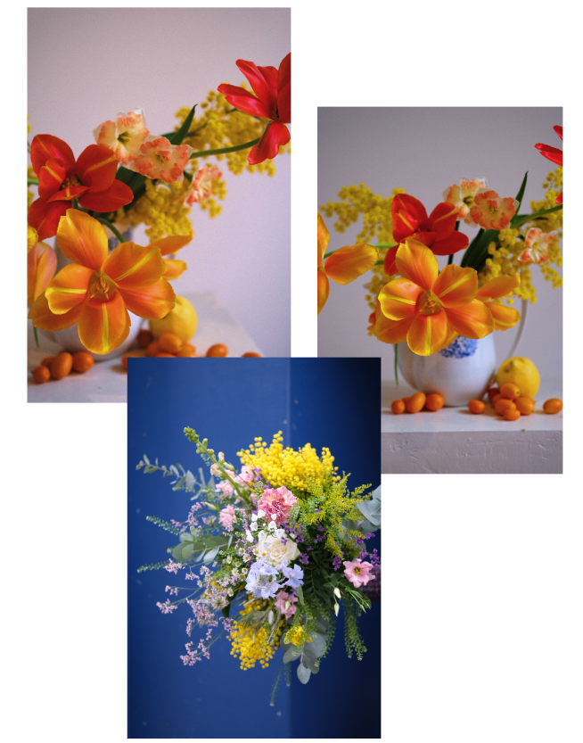 Ensemble de 3 photos représentant des bouquets de fleurs