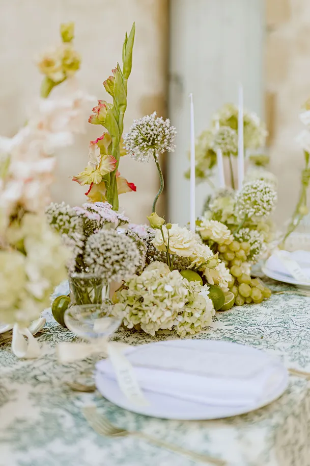 une photo de vert et blanc avec du raisin sur une table lors d’un mariage